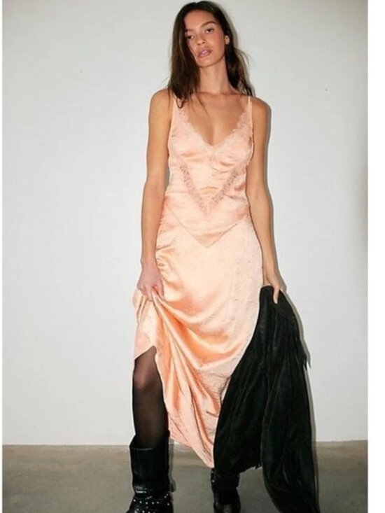 Free People Dresses & Skirts - NWOT Free People Maybe Forever Maxi Dress Peach Crinkle Satin Lace V Neck Size 0